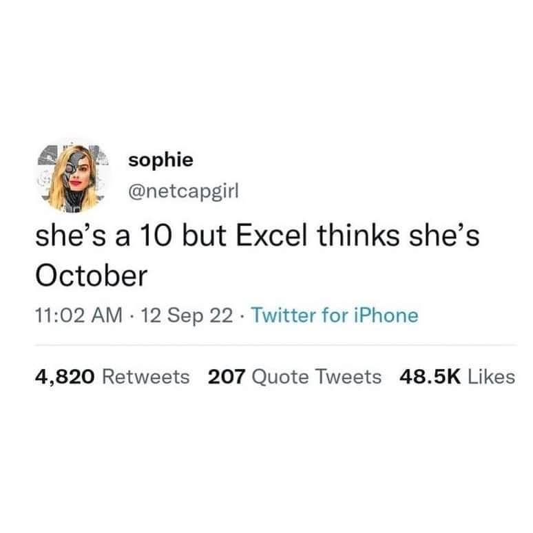 Tech joke social media post featuring a spreadsheet date formatting joke about Microsoft Excel funny memes.