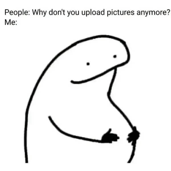Simple stick figure character holding large belly explaining why they stopped posting pictures online meme.