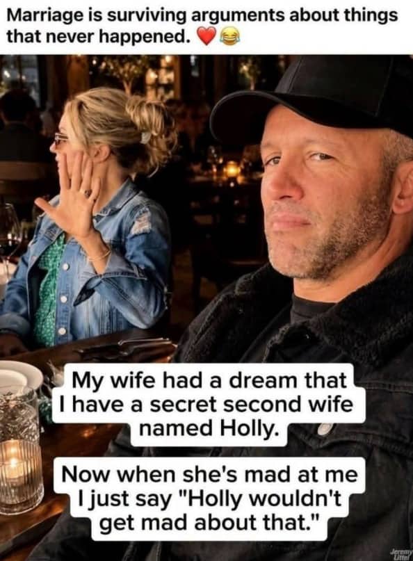 Man sitting at restaurant sharing funny marriage meme about wife dream of second wife.