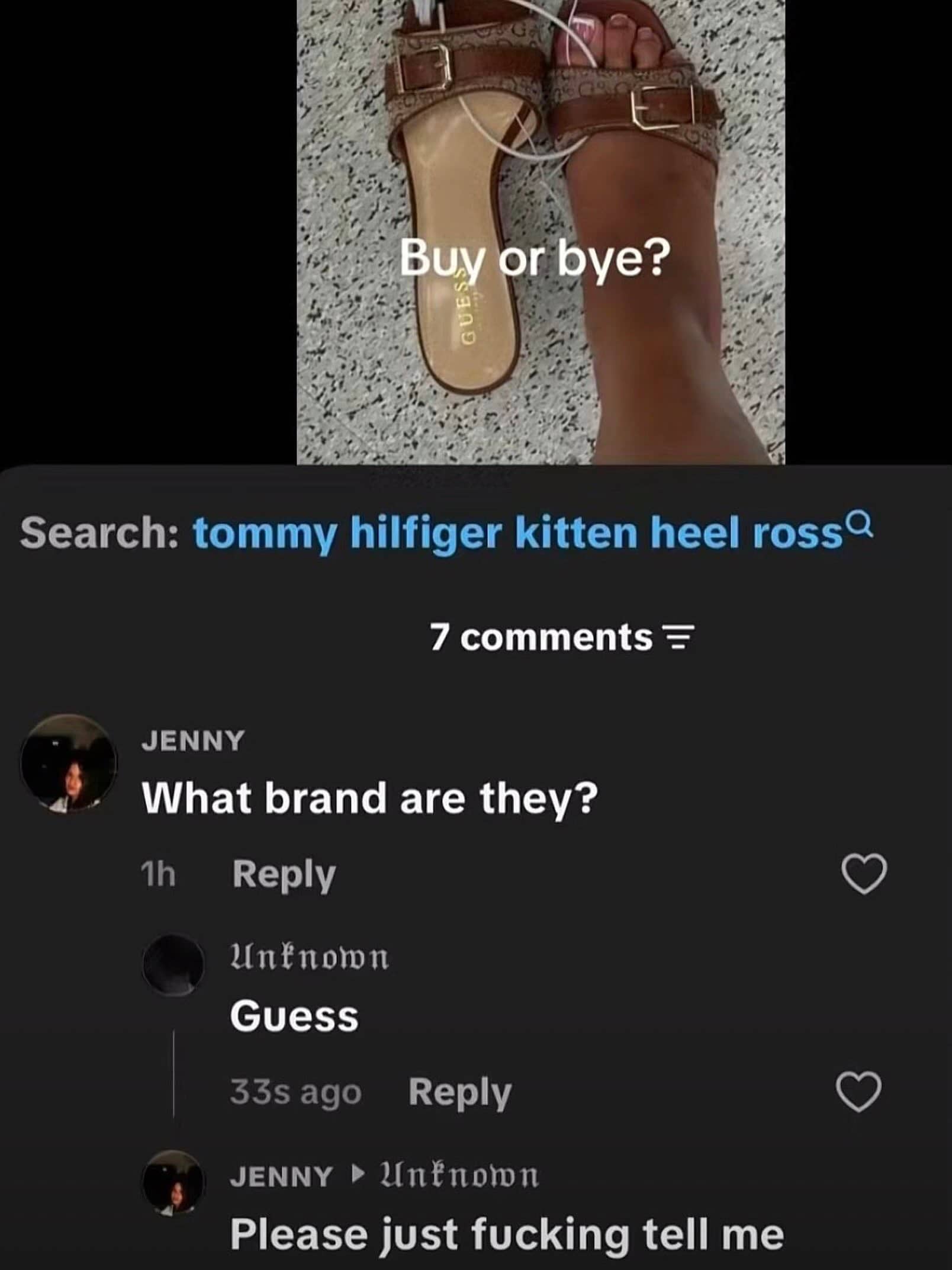 Funny text conversation meme where person asks shoe brand and receives answer Guess.