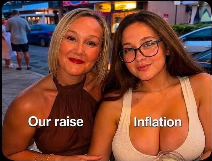 Side-by-side comparison meme illustrating the vast difference between salary raises and rising inflation rates.