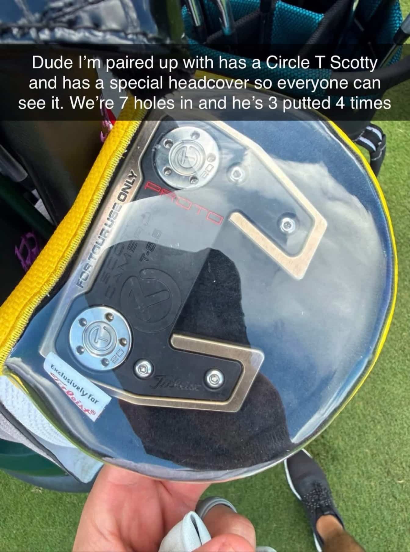 Golf bag putter displayed inside a transparent plastic headcover during a golf game meme.