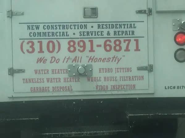 Plumbing service truck featuring company slogan we do it all honestly with quotes around honestly.