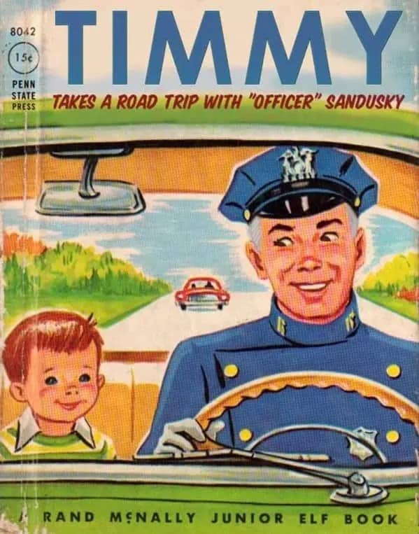 Retro book cover illustration featuring Timmy taking a road trip with officer Sandusky in quotes.