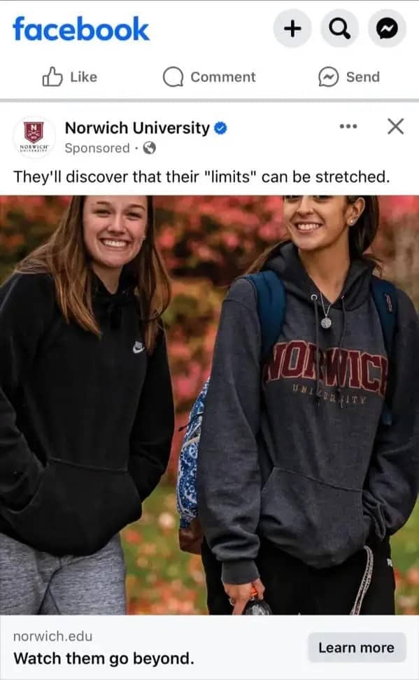 University social media post ad caption stating students will discover their limits can be stretched.