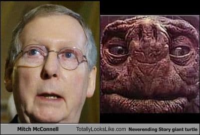 A classic side-by-side comparison Mitch McConnell meme, matching a press photo of McConnell with Morla the Ancient One, the giant ancient turtle from The NeverEnding Story.