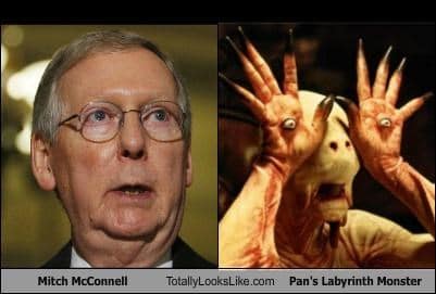 A pop-culture lookalike entry in the Mitch McConnell meme collection, pairing McConnell's face directly with the terrifying Pale Man monster holding eyes in its hands from Pan's Labyrinth.