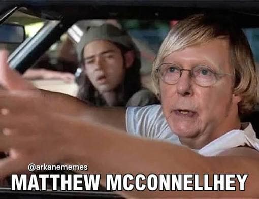 A clever movie poster mashup Mitch McConnell meme photoshopping McConnell's head onto Matthew McConaughey driving in Dazed and Confused, labeled "MATTHEW MCCONNELLHEY."