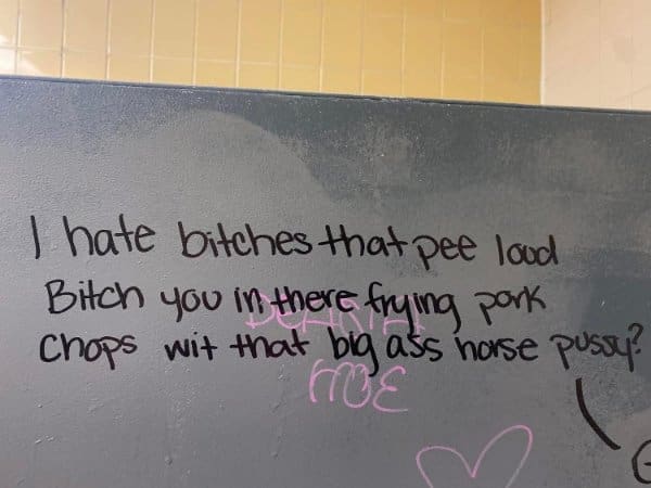 An unhinged bathroom stall graffiti post acting as an oddly specific meme where someone aggressively compares loud peeing in a public restroom stall to frying pork chops in a pan.