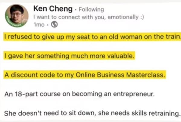 A satirical LinkedIn-style oddly specific meme where an entrepreneur boasts about refusing to give up his train seat to an elderly woman so he could give her a discount code to his 18-part business masterclass.