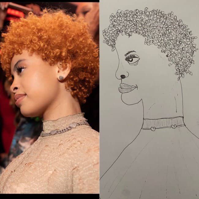 Side-by-side comparison of Ice Spice and an exaggerated, hilarious hand-drawn caricature drawing.