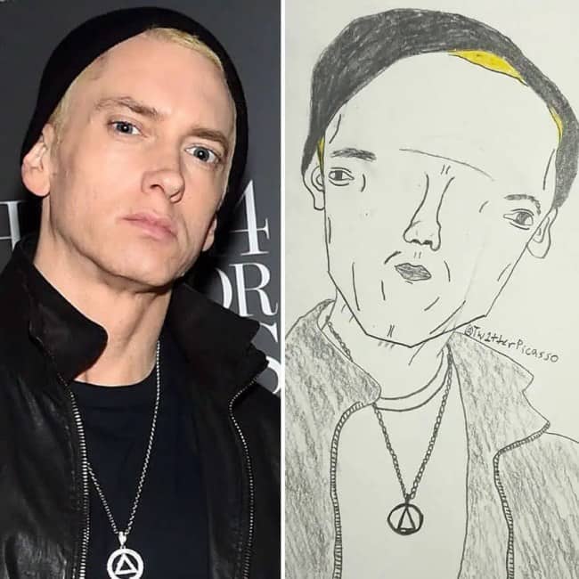 Side-by-side comparison of Eminem in a beanie next to a funny minimalist portrait.