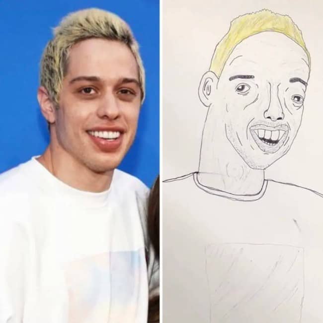 Side-by-side comparison of Pete Davidson alongside a funny, distorted pencil sketch portrait.