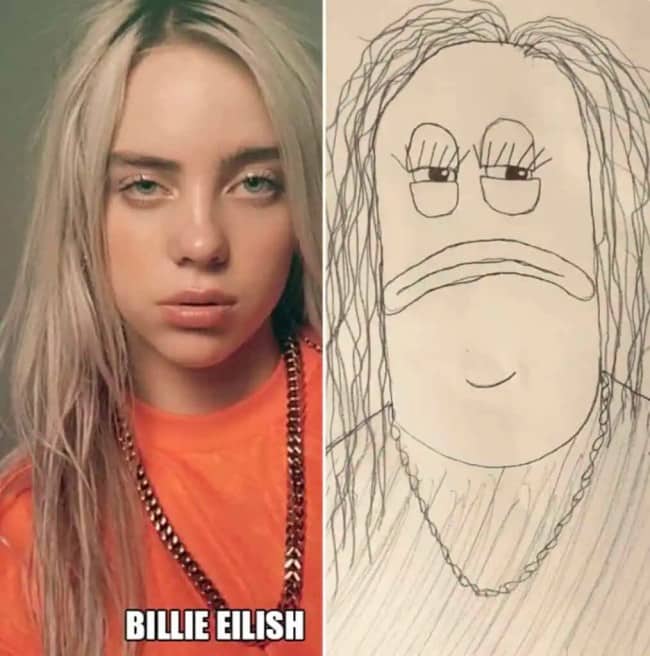 Side-by-side comparison of Billie Eilish next to a funny cartoonish drawing with sleepy eyes.