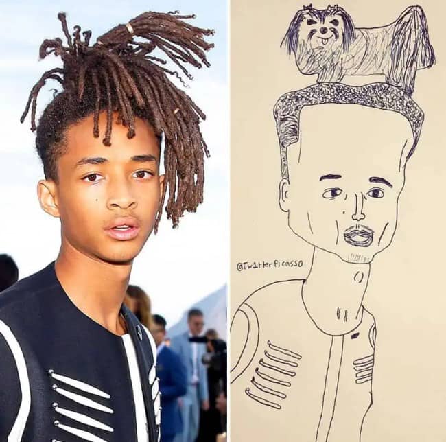 Side-by-side comparison of Jaden Smith next to a sketch featuring a dog as hair.
