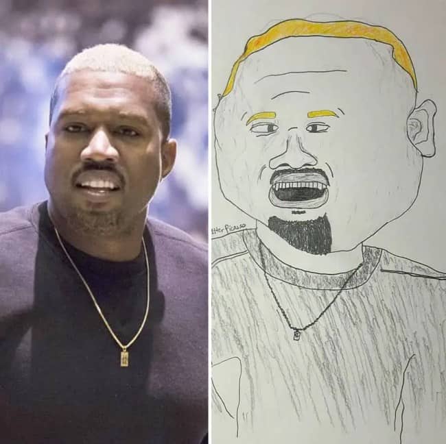 Side-by-side comparison of Kanye West beside a comical, wide-faced bad caricature drawing.