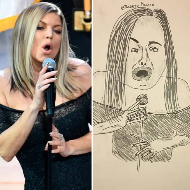 Side-by-side comparison of Fergie singing into a microphone next to a dramatic drawing.