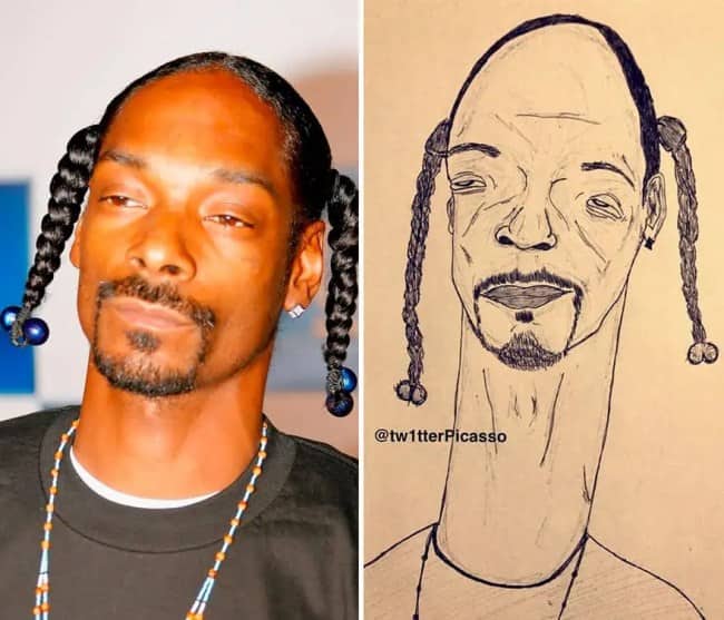 Side-by-side comparison of Snoop Dogg with pigtails beside an elongated neck caricature sketch.