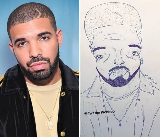 Side-by-side comparison of Drake next to a funny, squished-face pen sketch portrait.