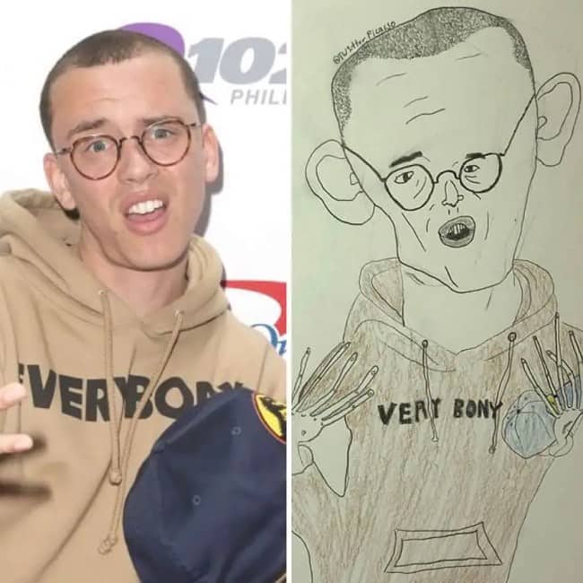 Side-by-side comparison of rapper Logic next to a funny sketch reading Very Bony.