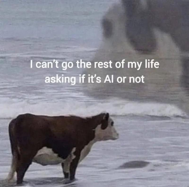 A cow standing in ocean waves looking out at the horizon, overlaid with double-exposure imagery and text about fatigue from evaluating if online photos are AI-generated.