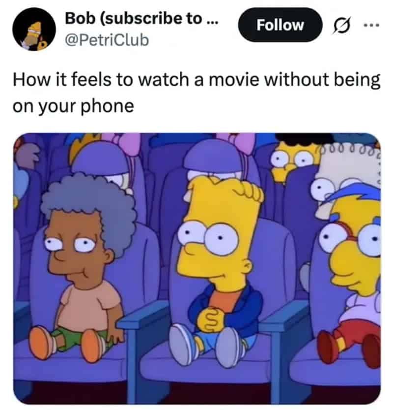Bart Simpson sitting rigid in a cinema seat with wide, unblinking eyes alongside Milhouse, depicting the surreal effort of watching a full film without checking a phone.