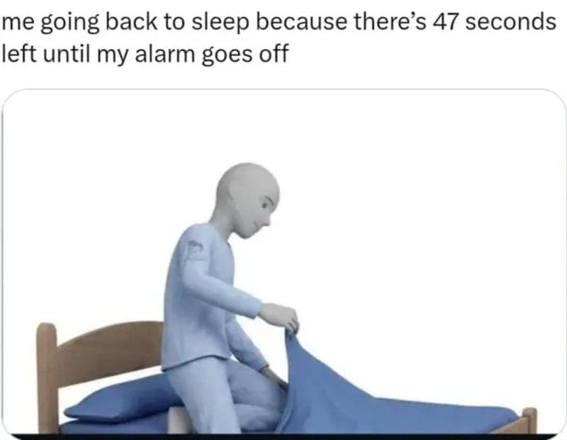 3D white figure wearing light blue pajamas climbing back into bed, representing the determination to get 47 final seconds of sleep before the morning alarm sounds.