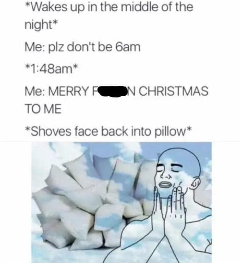 Line art character sinking happily into a pile of cloud-soft pillows, celebrating waking up at 1:48 AM instead of 6:00 AM as a relatable meme.