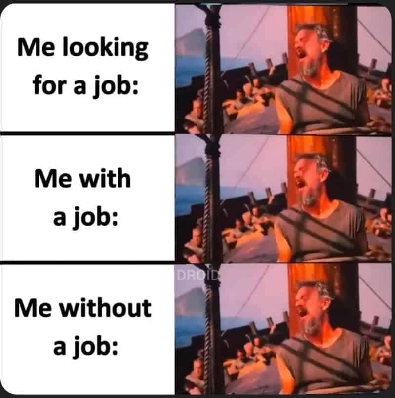 Three-panel graphic using a cinematic shot of Odysseus screaming while tied to a ship mast, demonstrating identical stress whether job hunting, currently employed, or unemployed.