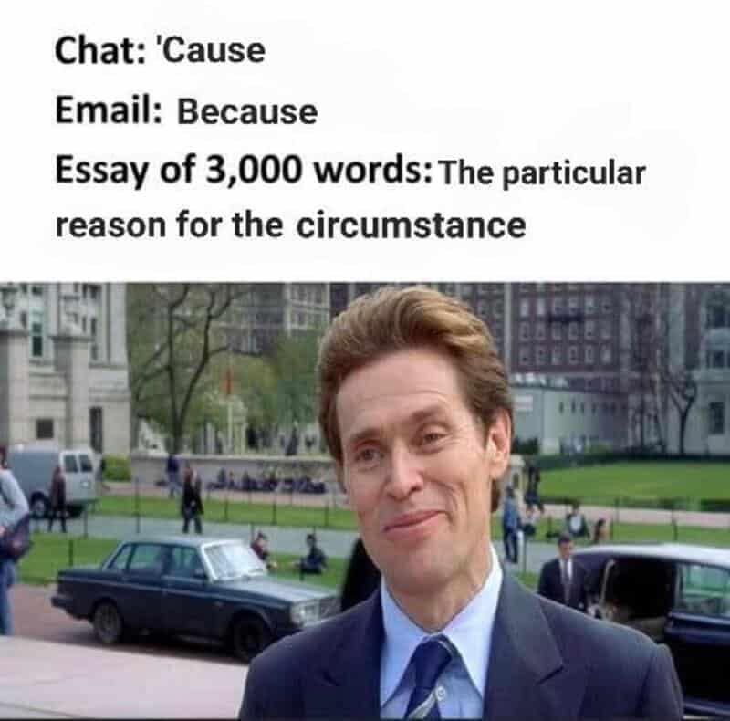 Willem Dafoe smiling slyly in a relatable meme comparing casual chat slang, professional email phrasing, and word-count-padded essay sentences.