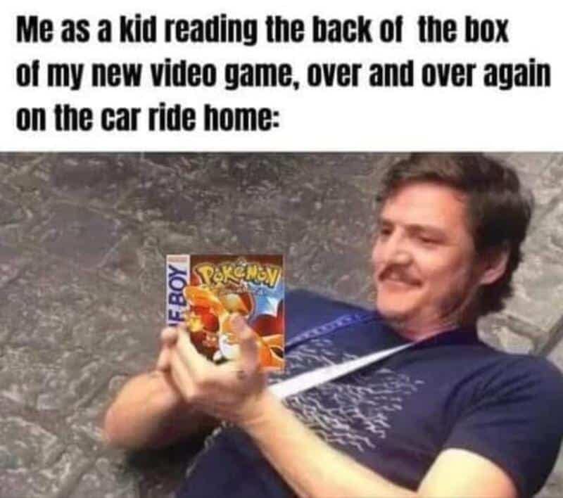 Pedro Pascal lying back in pure joy reading the back box art of a new Game Boy video game repeatedly during the car ride home.