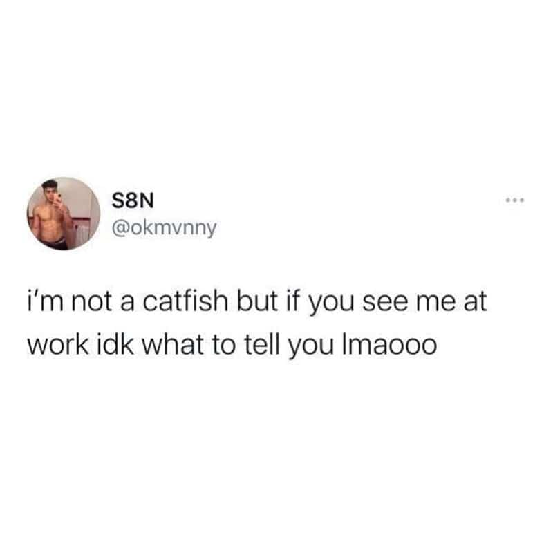 Text tweet about work appearance versus online photos in a hilarious retail work meme.
