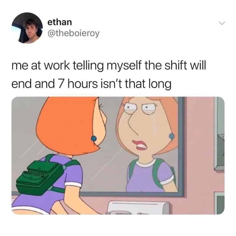 Lois Griffin crying in a mirror depicting shift fatigue in this retail work meme.