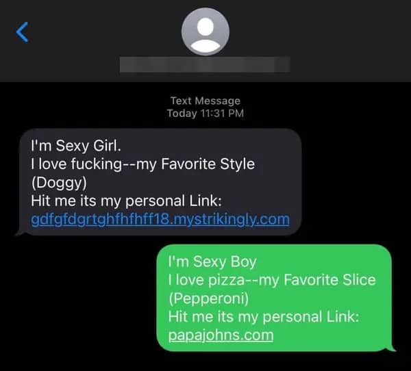 Text message screenshot mocking a spam link by replying with a Papa John's URL.