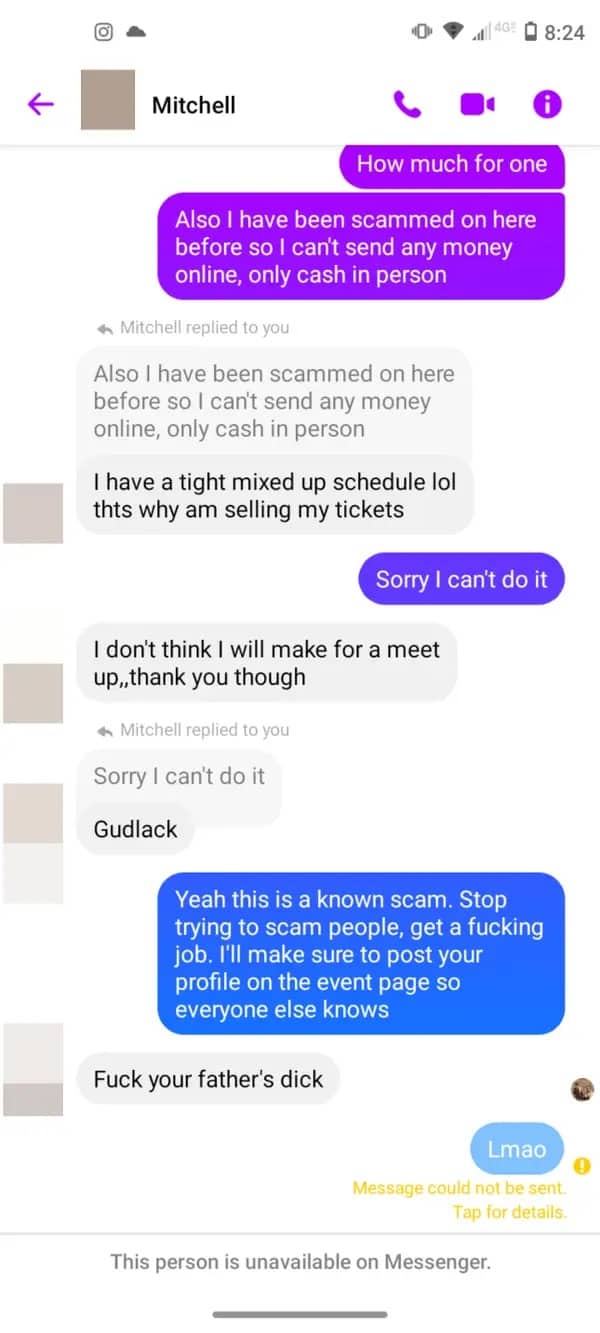 Messaging conversation exposing a ticket scammer who throws a tantrum before blocking the user.