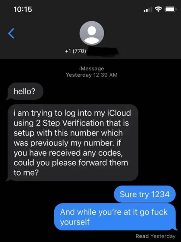 Text chat shutting down a fake two-factor authentication code scammer with a bogus pin.