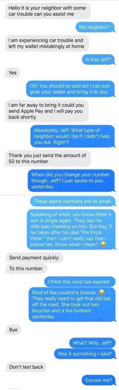 Smartphone text thread frustrating a fake neighbor scammer with endless, absurd local neighborhood gossip.