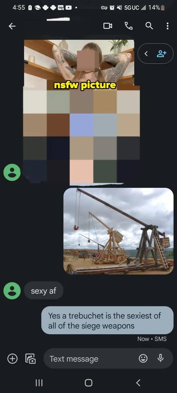 Text interaction deflecting an explicit spam photo with a picture of a medieval trebuchet.