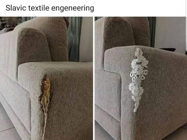 A torn sofa armrest repaired with decorative white lace showing inventive Slavic textile engineering.