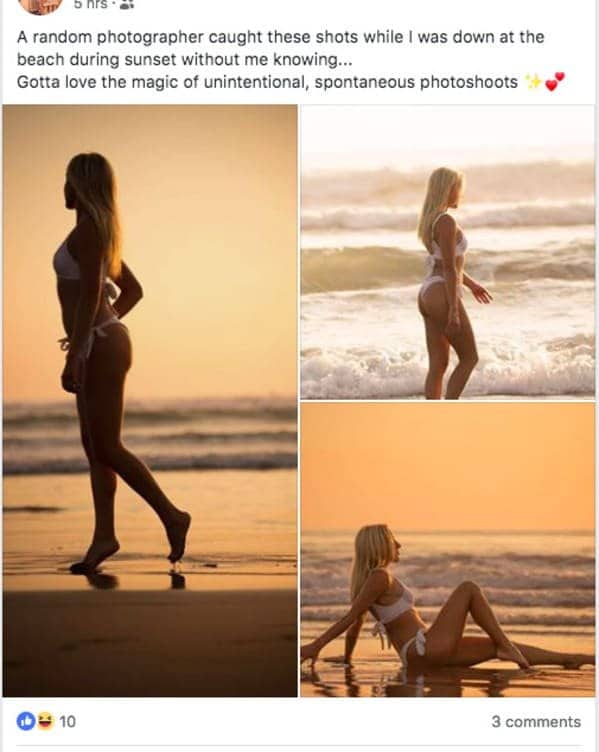 Collage of a blonde woman posing in a bikini at the beach claiming spontaneous photos.