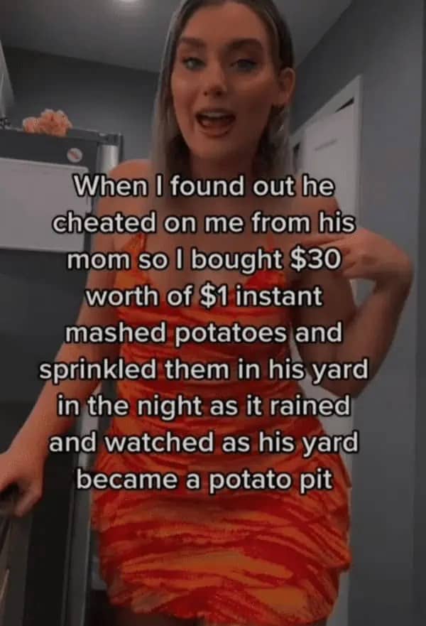 Woman posing in an orange dress telling a revenge story about instant mashed potatoes.