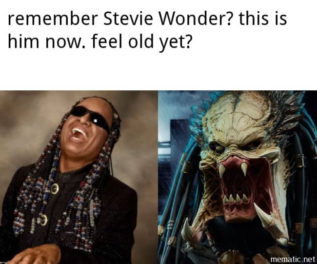 Side-by-side comparison of Stevie Wonder and the Predator monster highlighting funny time memes.