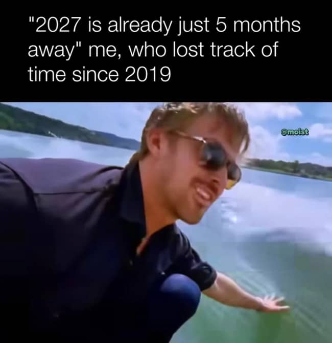 Ryan Gosling looking confused by a lake representing relatable time memes about losing years.