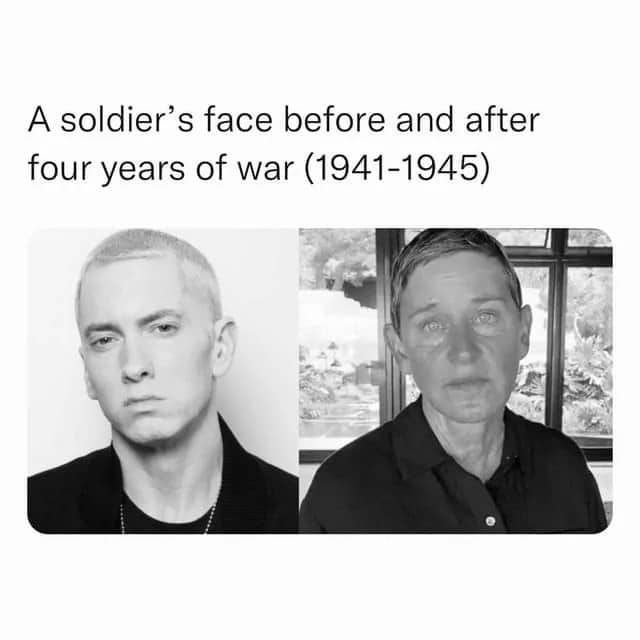 lack and white photos comparing Eminem to Ellen DeGeneres spoofing historical war time memes.