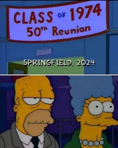 Homer and Marge Simpson looking exhausted under a high school reunion banner in time memes.