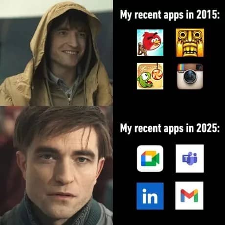 Robert Pattinson reaction panels comparing fun mobile games to corporate productivity apps in time memes.