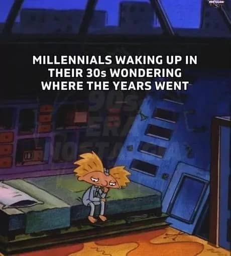 Depressed cartoon character Arnold sitting in a dark bedroom reflecting on millennial aging time memes.