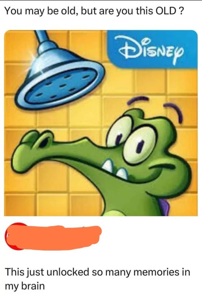 Swampy the alligator from the classic mobile app Where is My Water sparking time memes.