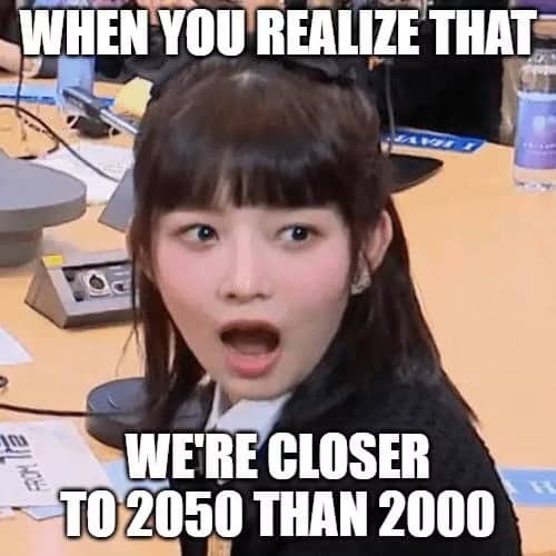 Shocked girl realizing the future is approaching rapidly highlighting existential dread in time memes.