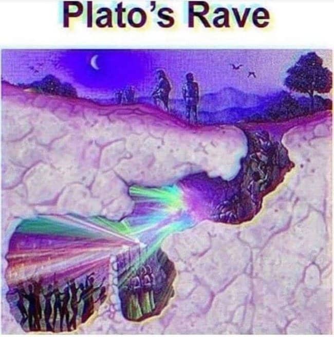 Psychedelic meme parodying the allegory of the cave with a colorful underground Plato's rave.